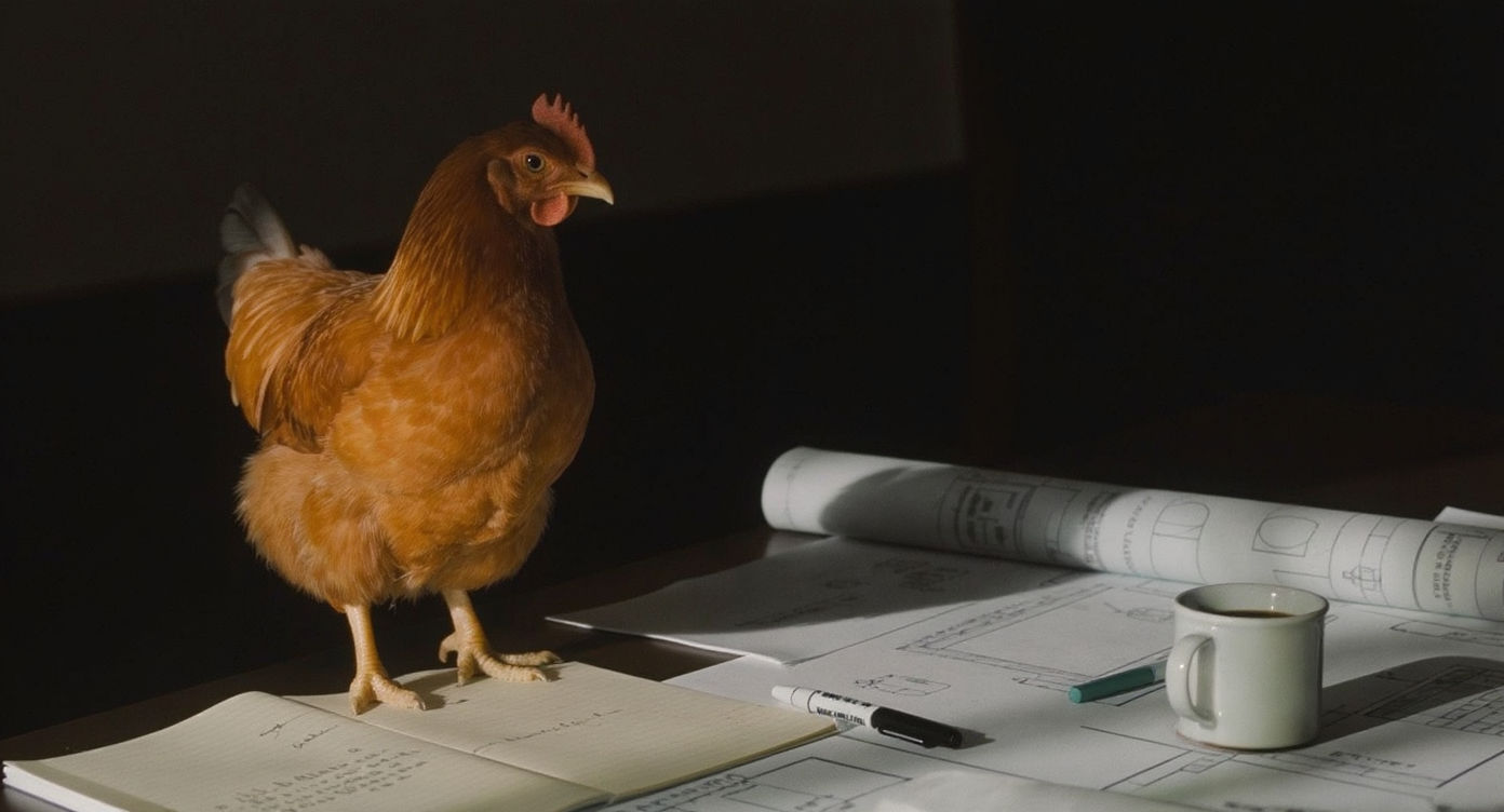 A chicken standing on engineering blueprints — the chicken test applied to business strategy