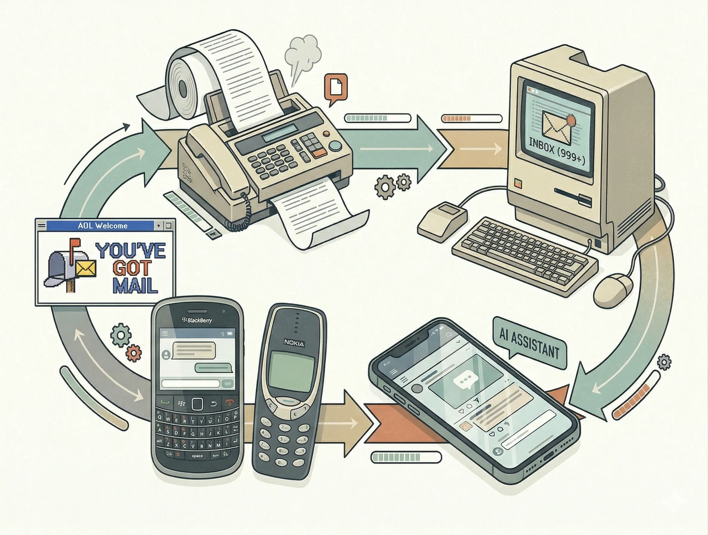 The cycle of technology promises — fax, email, internet, AI — each promising to free us up, each making us busier