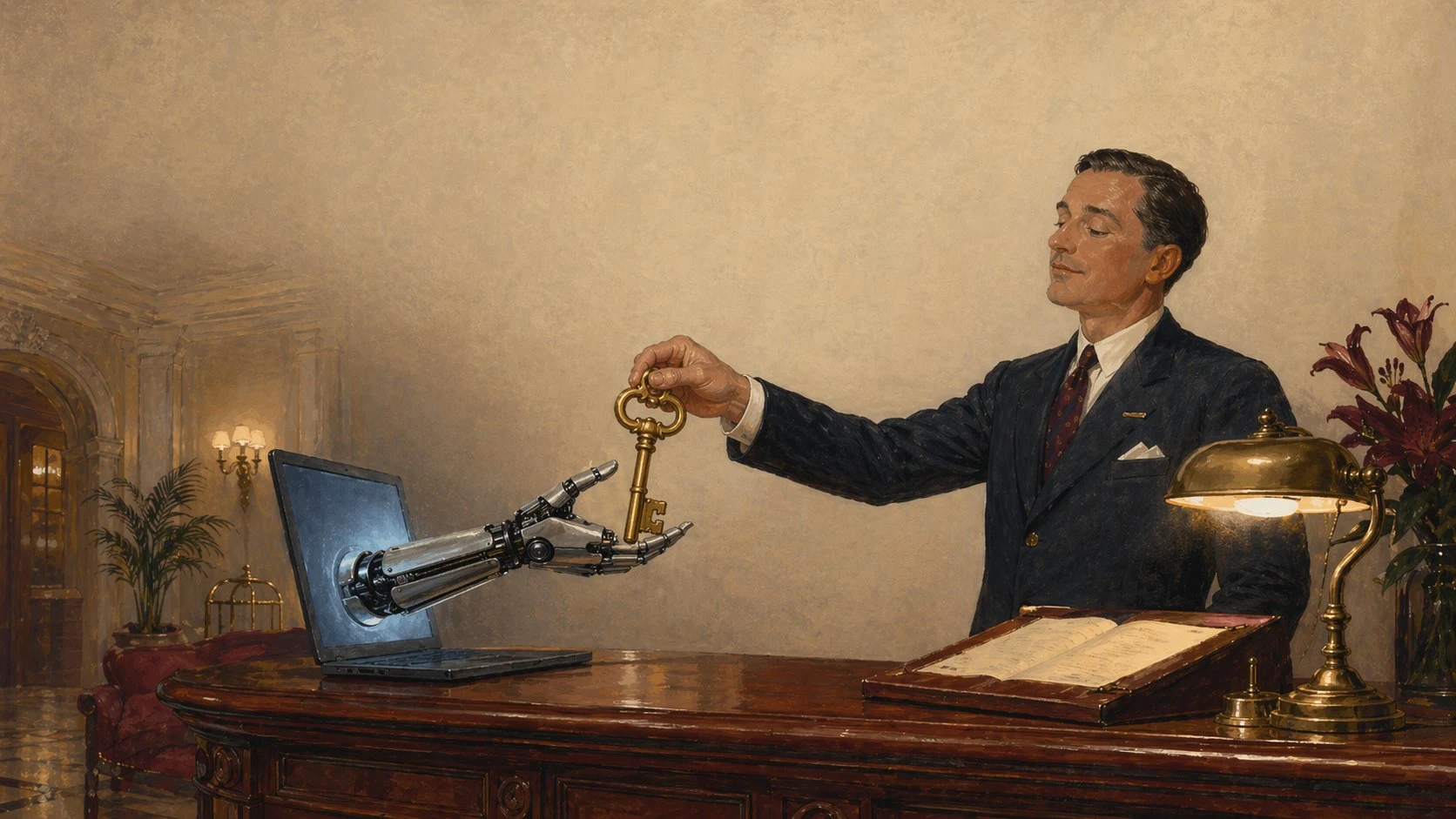 Hotelier handing a brass key across a front desk to a mechanical hand emerging from a laptop