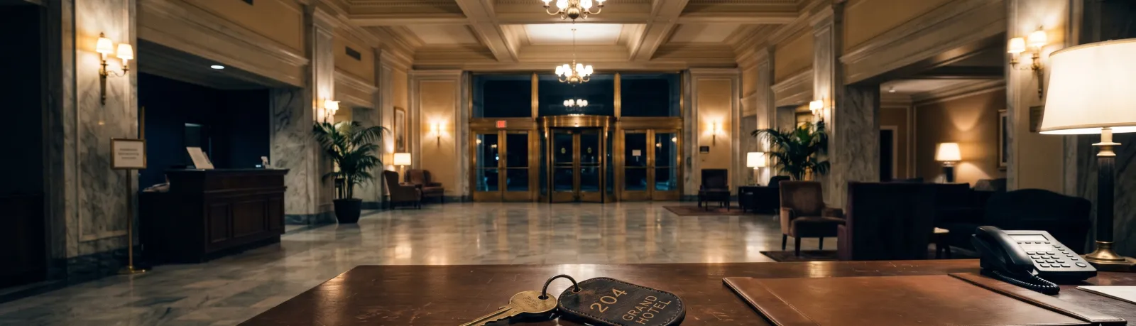 Empty hotel lobby at 3am — the operator's view from behind the front desk